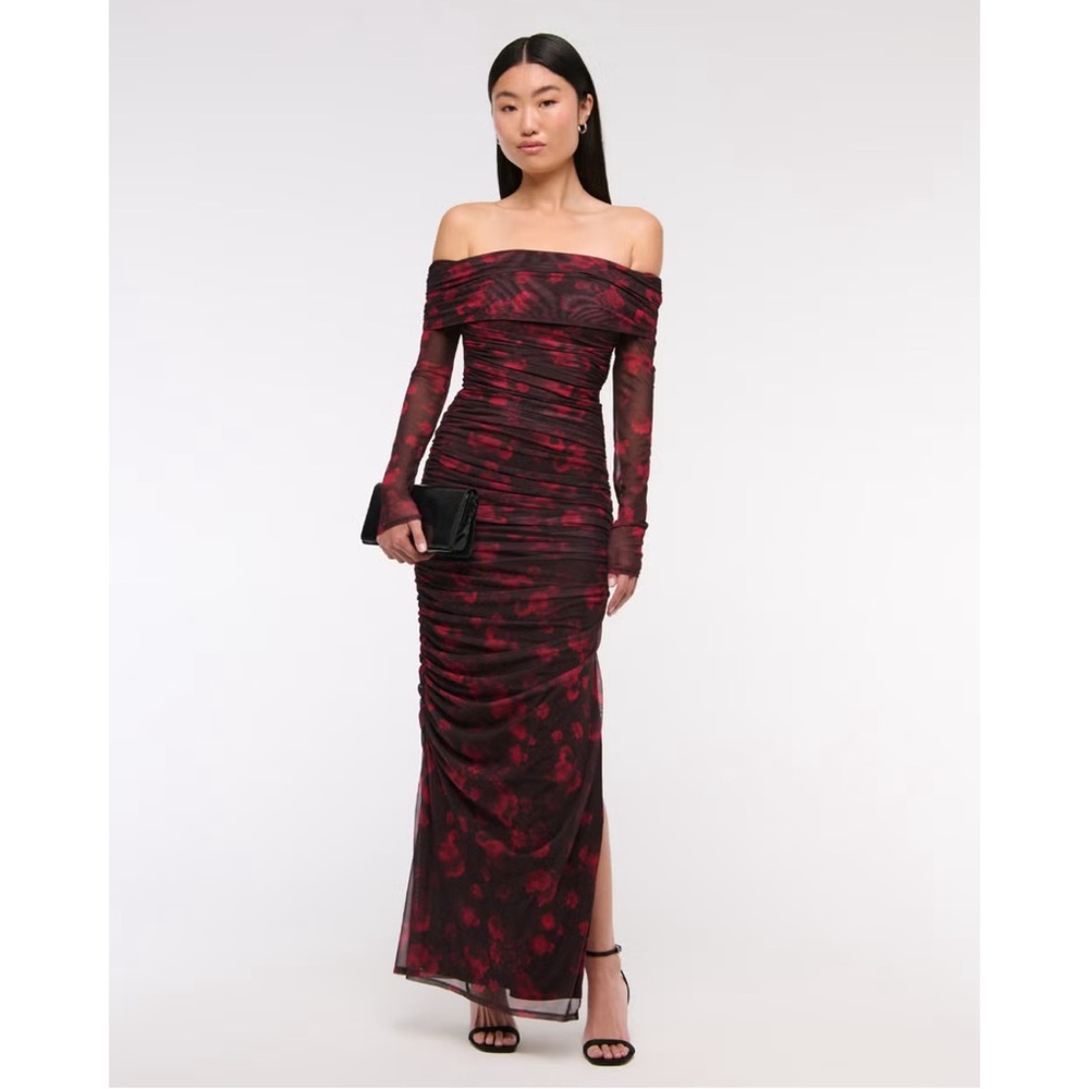 Abercrombie & Fitch Long Sleeve Mesh Off The Shoulder Maxi Dress Bodycon NWT